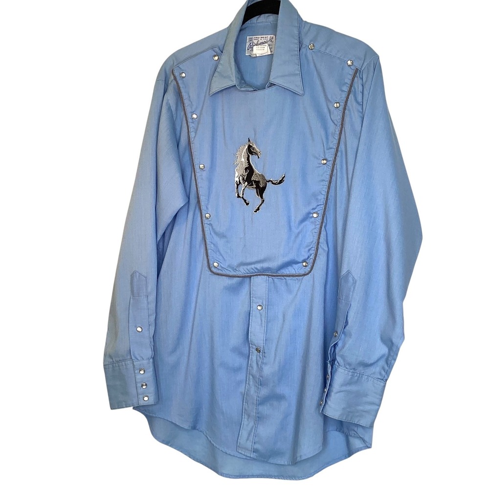 Vintage Rockmount Ranch Wear‎ Mens Blue Bib Front Stallion Western Shirt 16-32